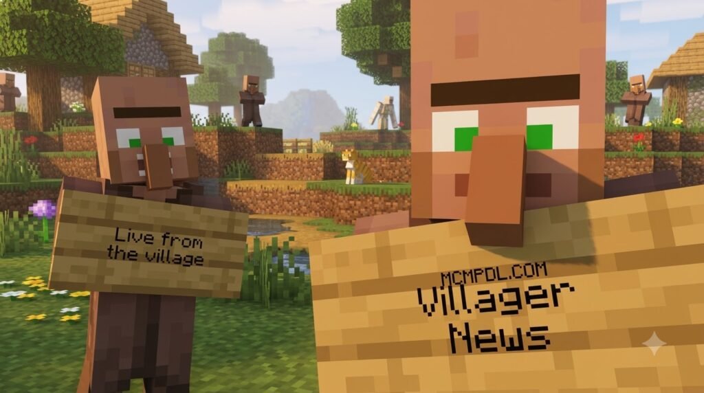 Villager News Addon for Minecraft PE/Bedrock. Discover 2,000+ voiced reactions, lip-sync villagers, gossip, special NPCs, and more